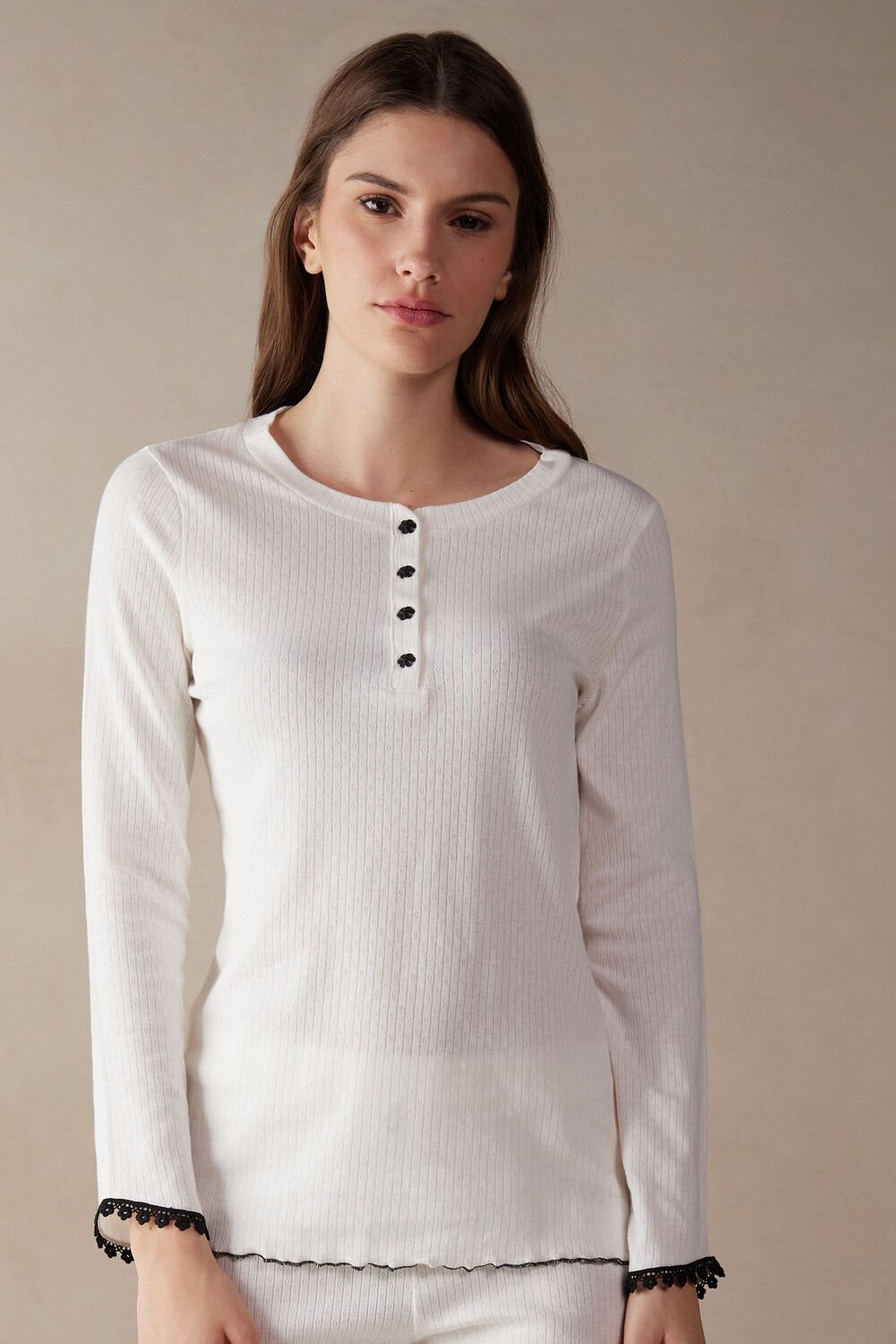 Intimissimi Pure Joy Long Sleeve Henley Top Ivory - 2127 - Talc White | 3490KFRZH