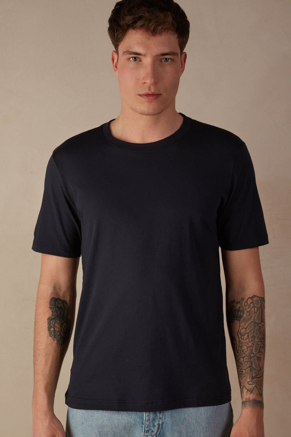 Intimissimi Regular Fit T-Shirt in Extrafine Supima® Cotton Blue - 800 - Midnight Blue | 9164HINTV