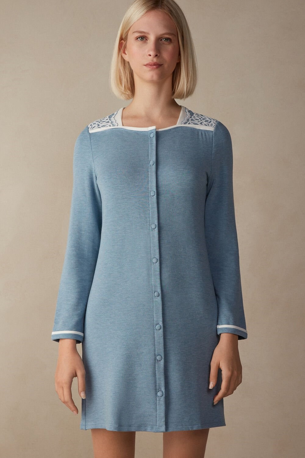 Intimissimi Romantic Bedroom Button Up Night Shirt in Modal with Wool Light Blue - 145j - Light Blue Heather / Powder | 2317PSLIB