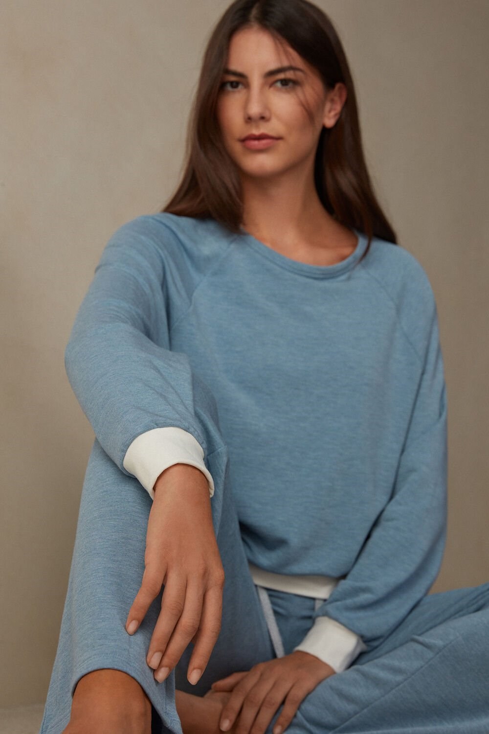 Intimissimi Romantic Bedroom Contrast Trim Top in Modal with Wool Light Blue - 145j - Light Blue Heather / Powder | 9302EKTVZ