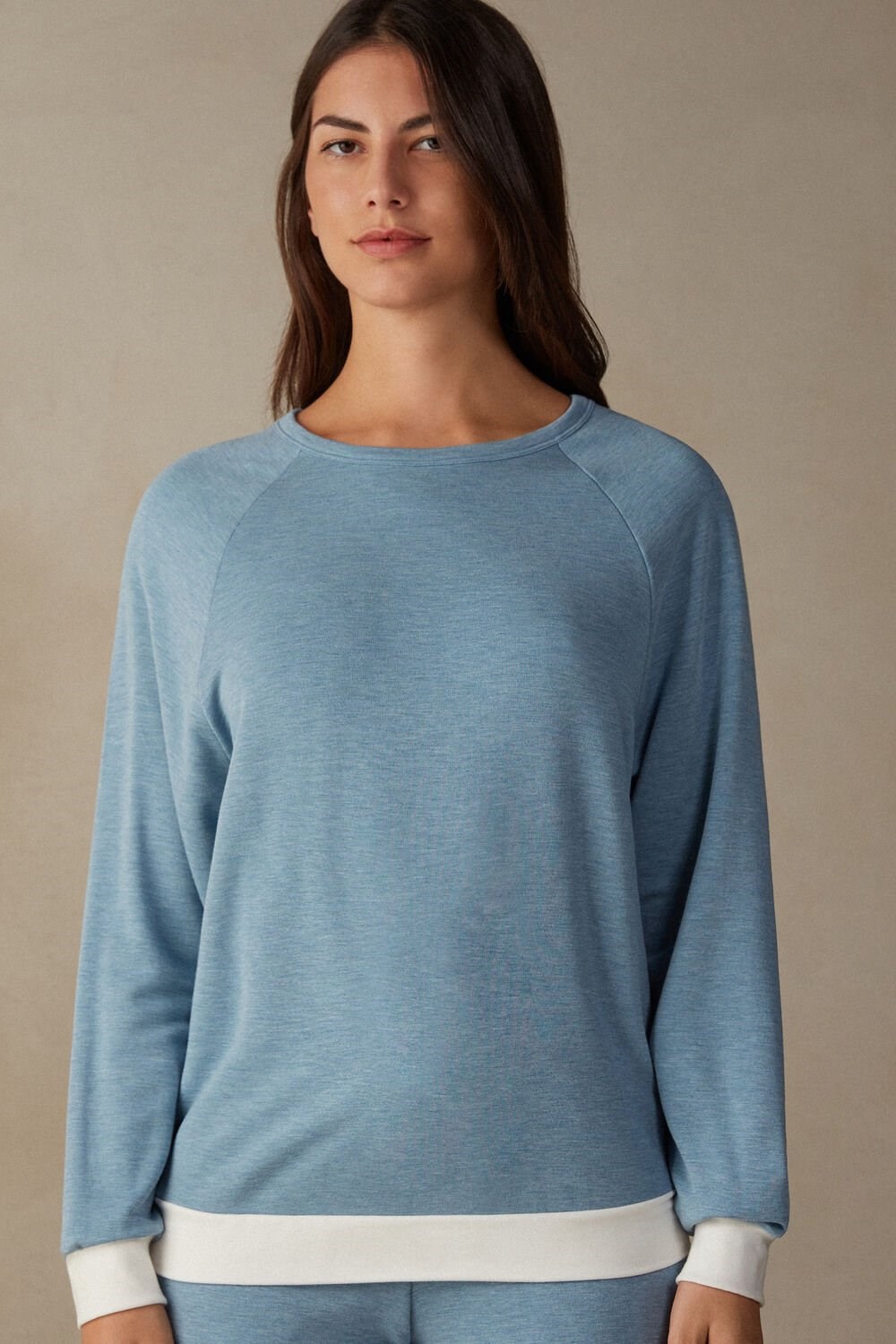 Intimissimi Romantic Bedroom Contrast Trim Top in Modal with Wool Light Blue - 145j - Light Blue Heather / Powder | 9302EKTVZ