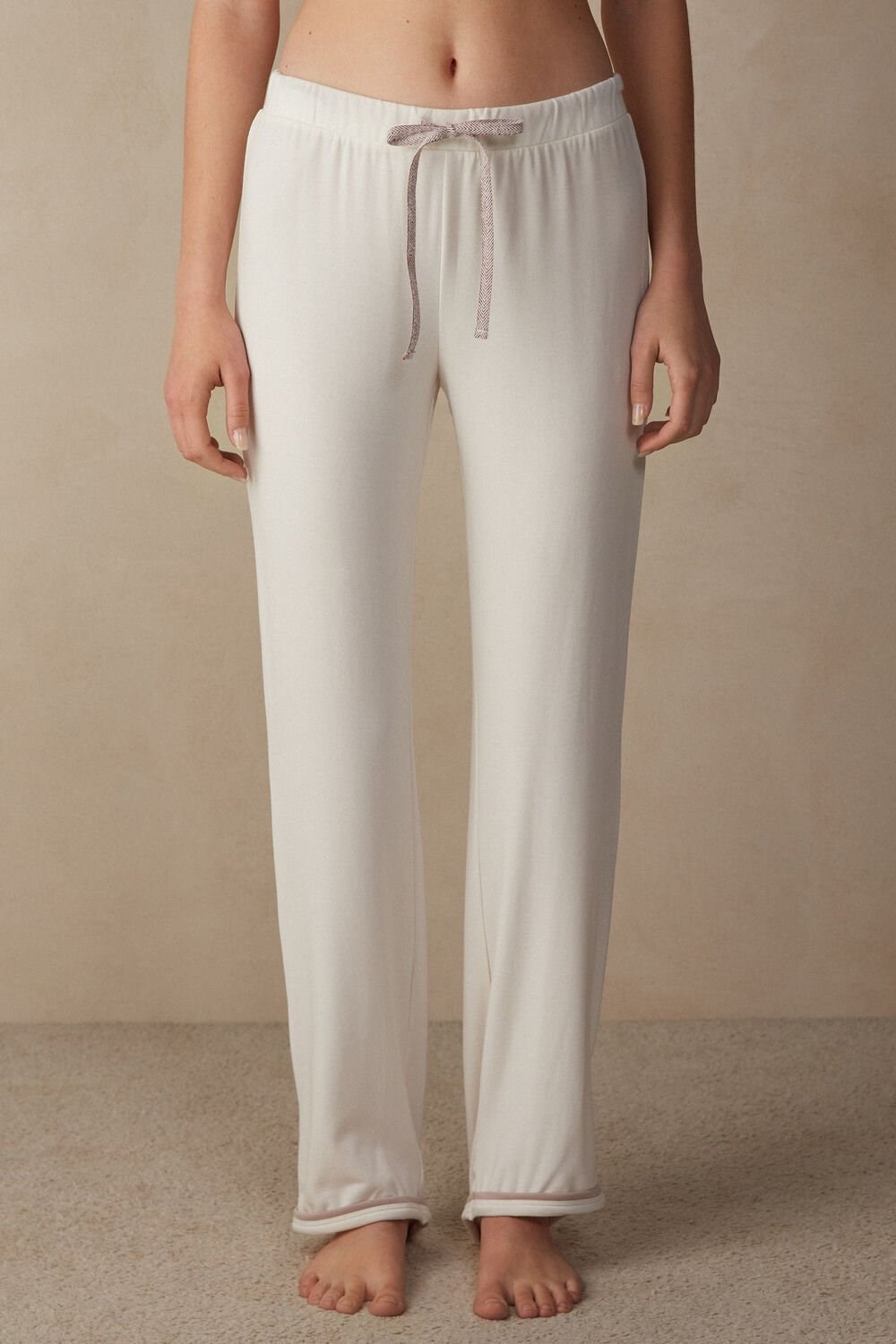 Intimissimi Romantic Bedroom Full Length Pants in Modal with Wool White - 157j - Powder White / Dusty Pink | 6342BHKEY