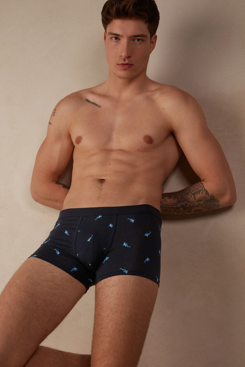 Intimissimi Shark Boxers in Natural Fresh Supima® Cotton Blue - 315j - Midnight Blue Shark Print | 5829YIOWB