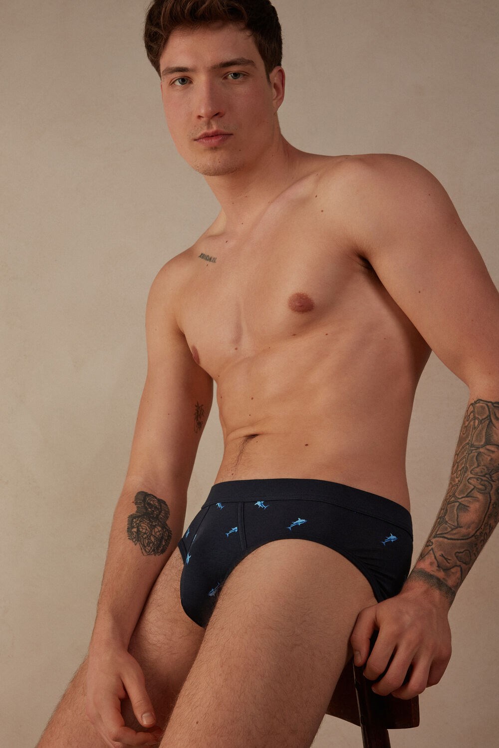 Intimissimi Shark Briefs in Natural Fresh Supima® Cotton Blue - 315j - Midnight Blue Shark Print | 6392MRIUH