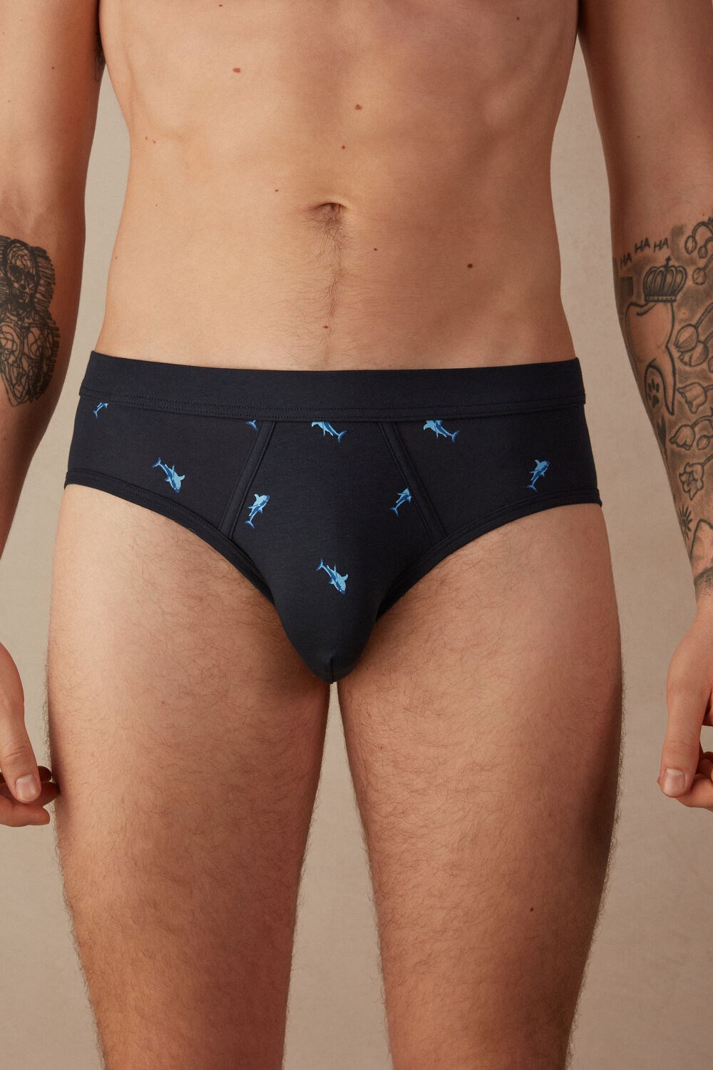 Intimissimi Shark Briefs in Natural Fresh Supima® Cotton Blue - 315j - Midnight Blue Shark Print | 6392MRIUH