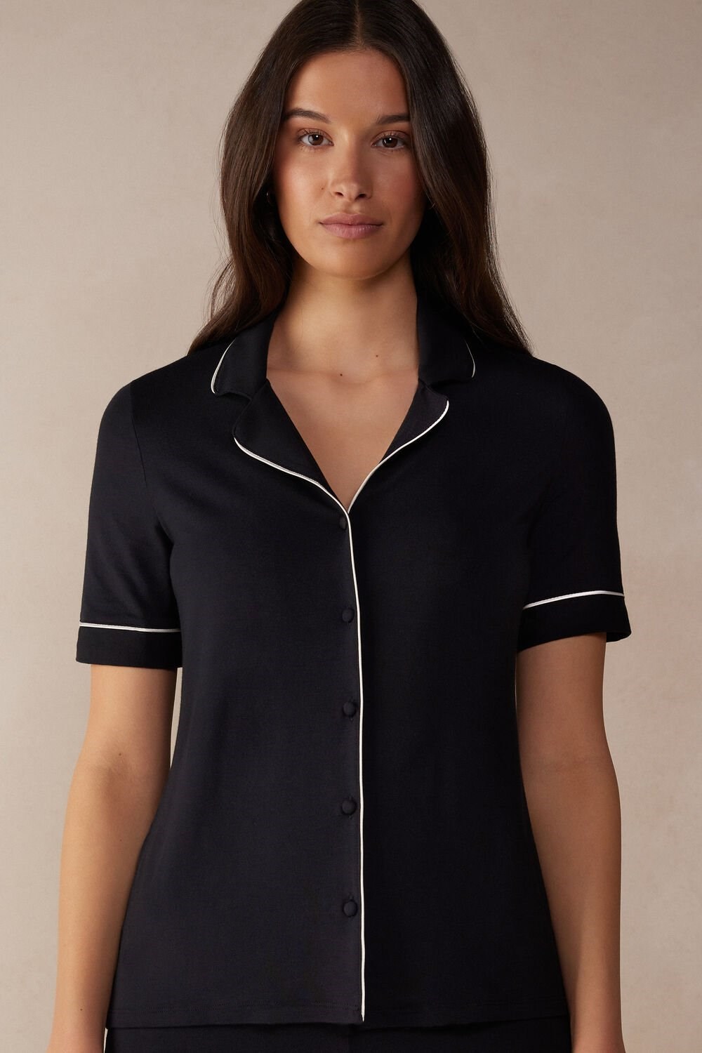 Intimissimi Short Sleeve Button Up Shirt in Modal Black - 019 - Black | 8492VZHYC