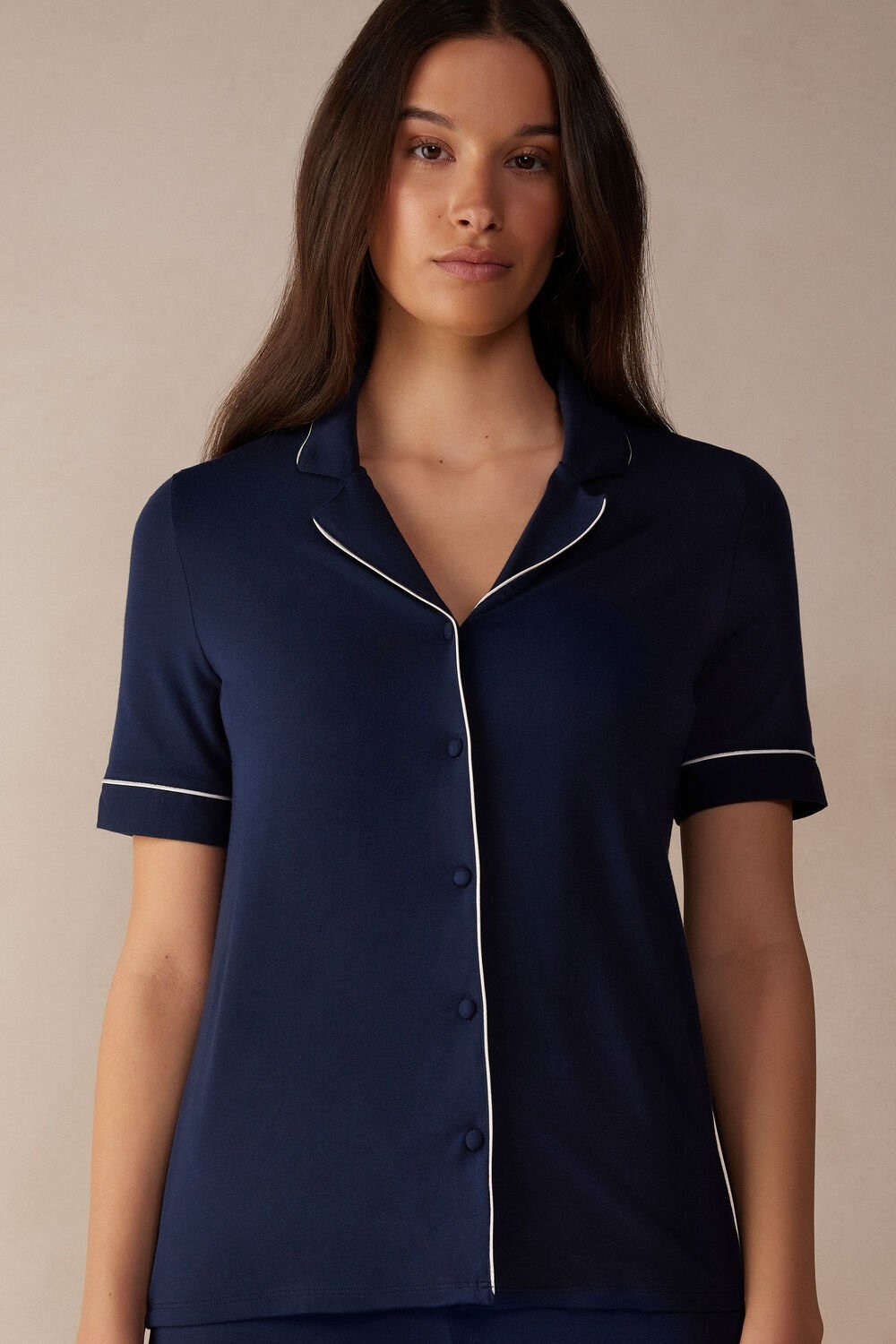 Intimissimi Short Sleeve Button Up Shirt in Modal Blue - 1467 - Intense Blue | 9810VOZPF