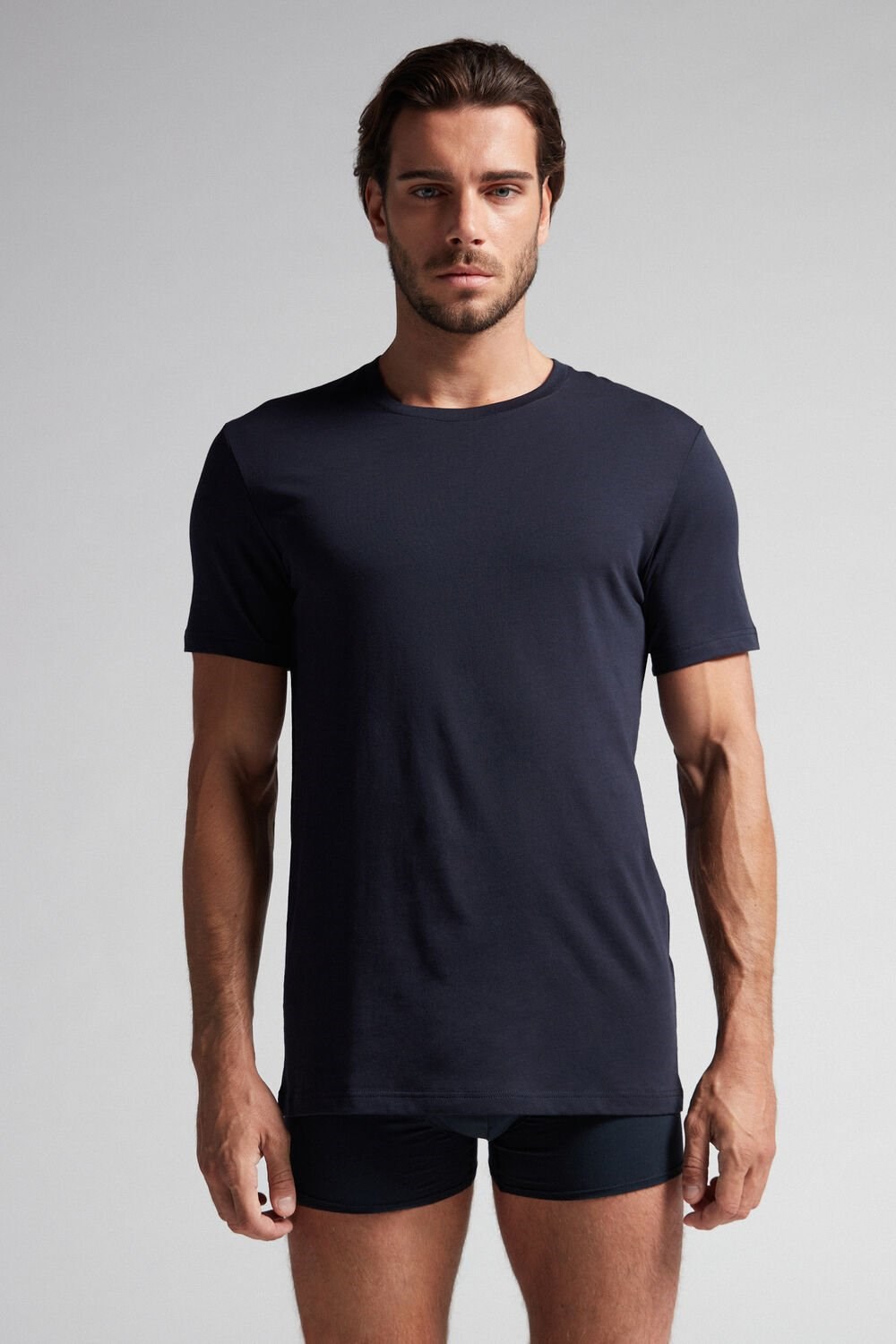 Intimissimi Short Sleeve Crew Neck T Shirt in Supima® Cotton 800 - Midnight Blue | 3486LRBPC