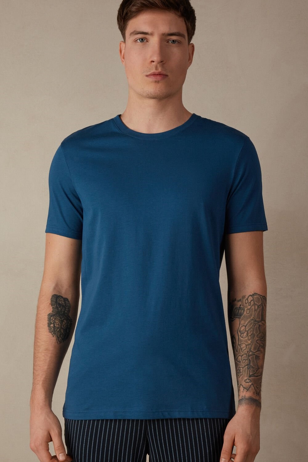 Intimissimi Short Sleeve Crew Neck T Shirt in Supima® Cotton Blue - 202j - Mist Blue | 6032WLBRT