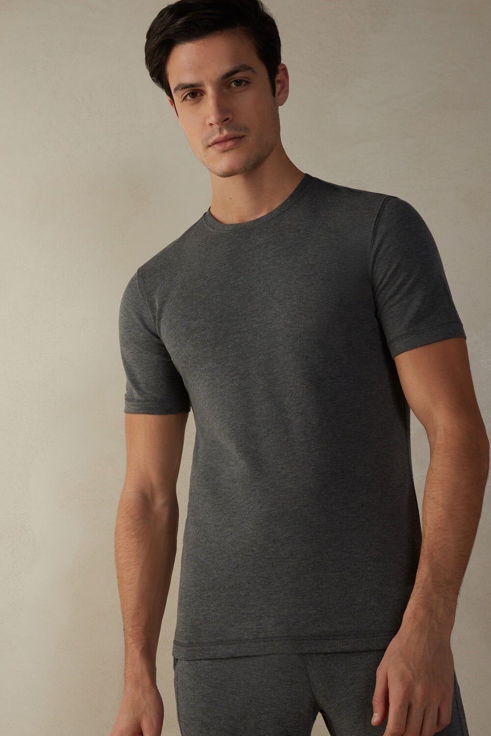 Intimissimi Short-Sleeve Modal-Cashmere Top Dark Grey - 5227 - Heathered Graphite Grey | 7564PTEUD