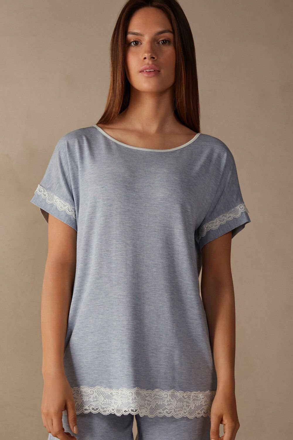 Intimissimi Short-Sleeve Modal Top with Lace Detail Light Blue - 009j - Heathered Light Blue | 2059ZGVKS