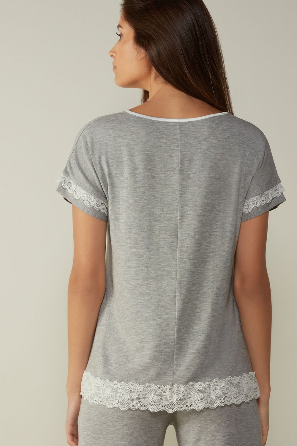 Intimissimi Short-Sleeve Modal Top with Lace Detail Grey - 031 - Light Heathered Grey | 9720TEWDA