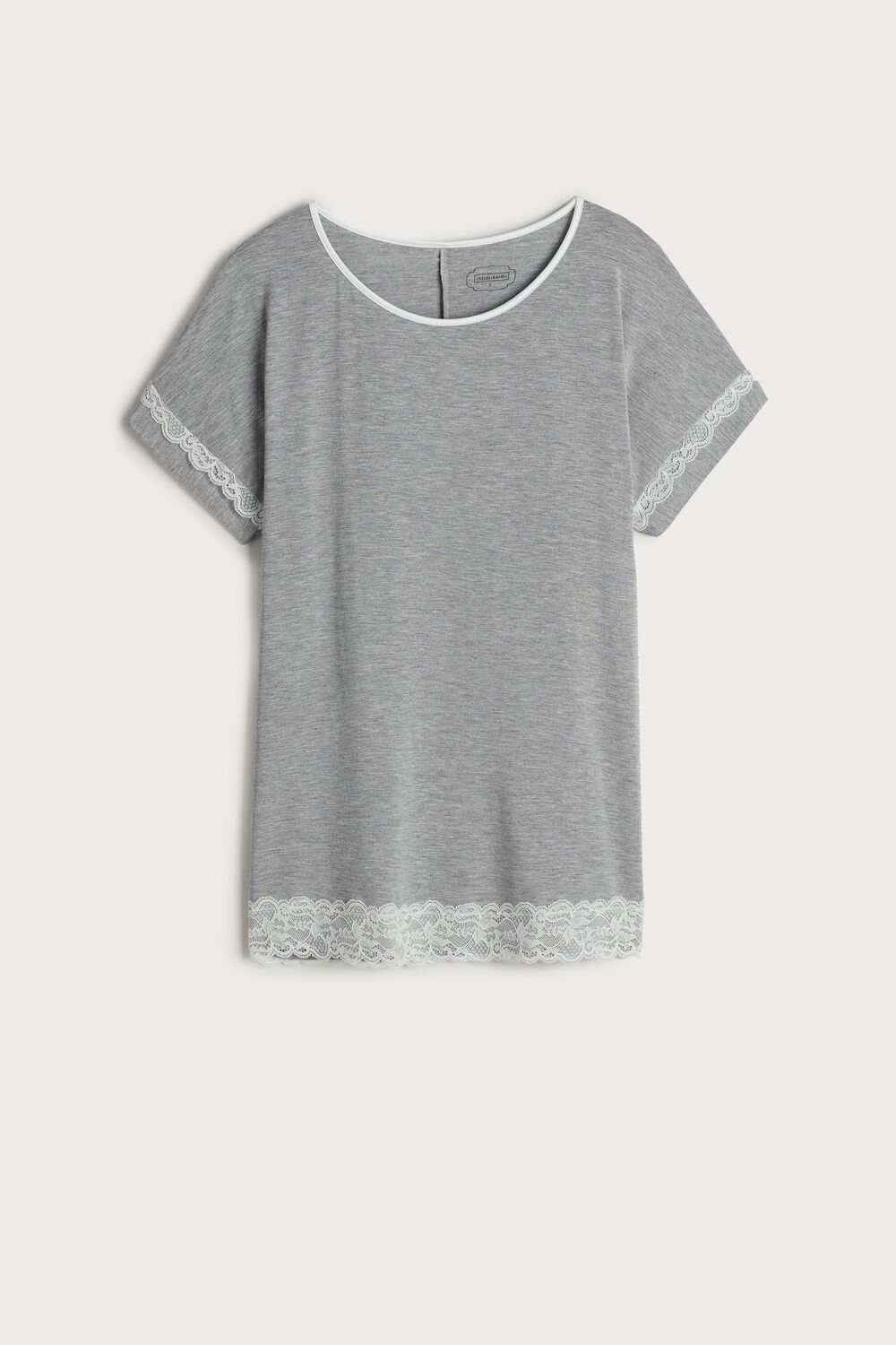 Intimissimi Short-Sleeve Modal Top with Lace Detail Grey - 031 - Light Heathered Grey | 9720TEWDA