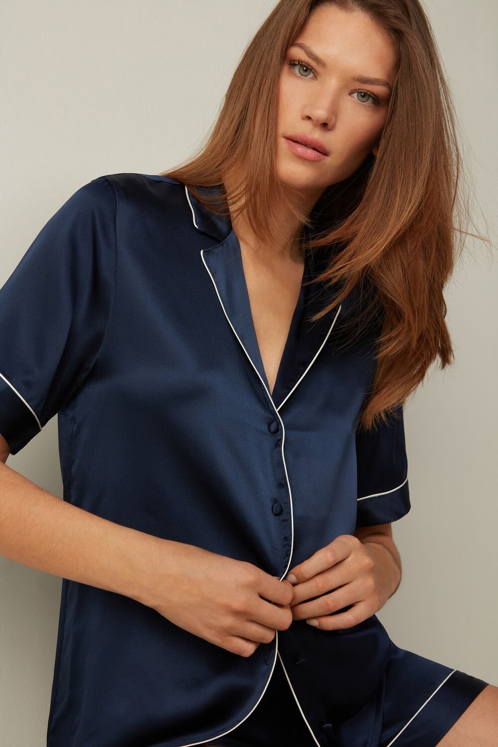 Intimissimi Short Sleeve Silk Shirt with Contrast Trim Blue - 3094 - Ink Blue | 4163PWGZU