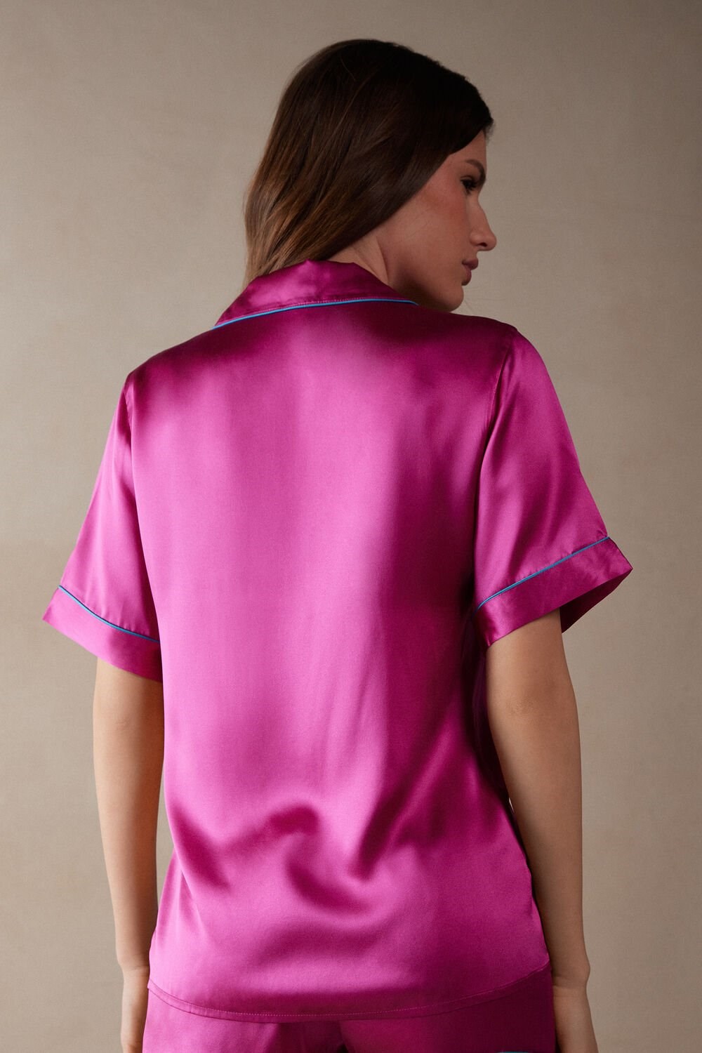 Intimissimi Short Sleeve Silk Shirt with Contrast Trim Pink - 206j - Valentine Pink | 5893LXNVT