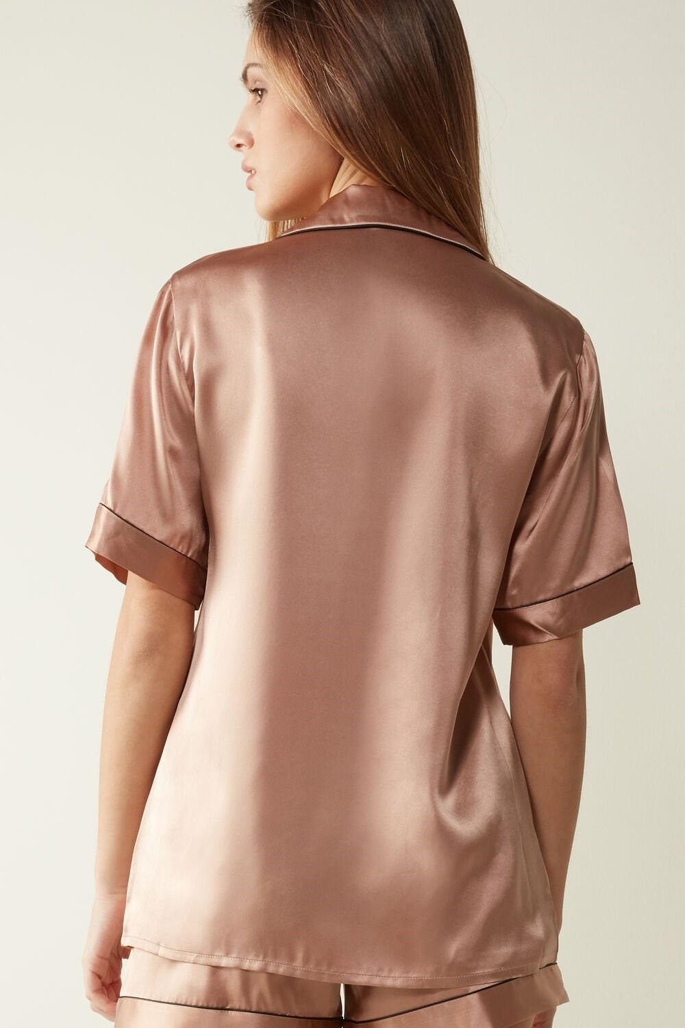 Intimissimi Short Sleeve Silk Shirt with Contrast Trim Natural - 163i - Satin Pink | 8406ZDPAO