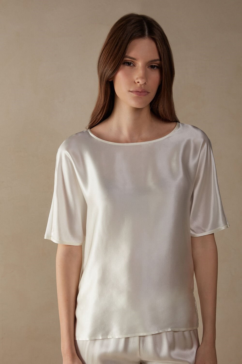 Intimissimi Short Sleeve Silk and Modal Top Ivory - 2127 - Talc White | 1607PZWVX