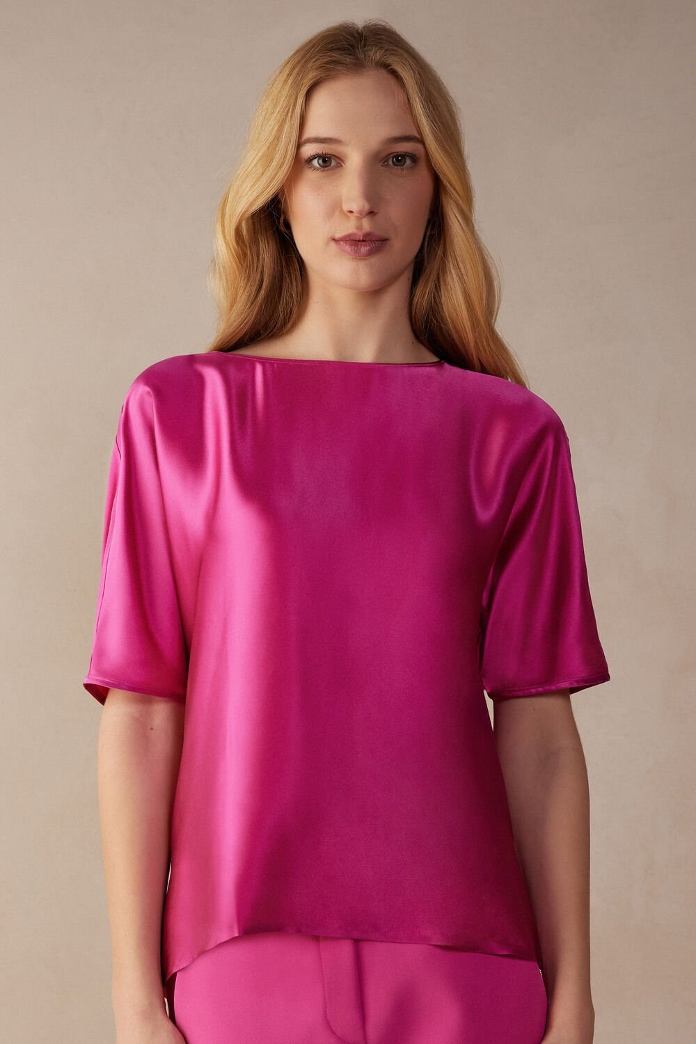 Intimissimi Short Sleeve Silk and Modal Top Pink - 206j - Valentine Pink | 3718RBZXA