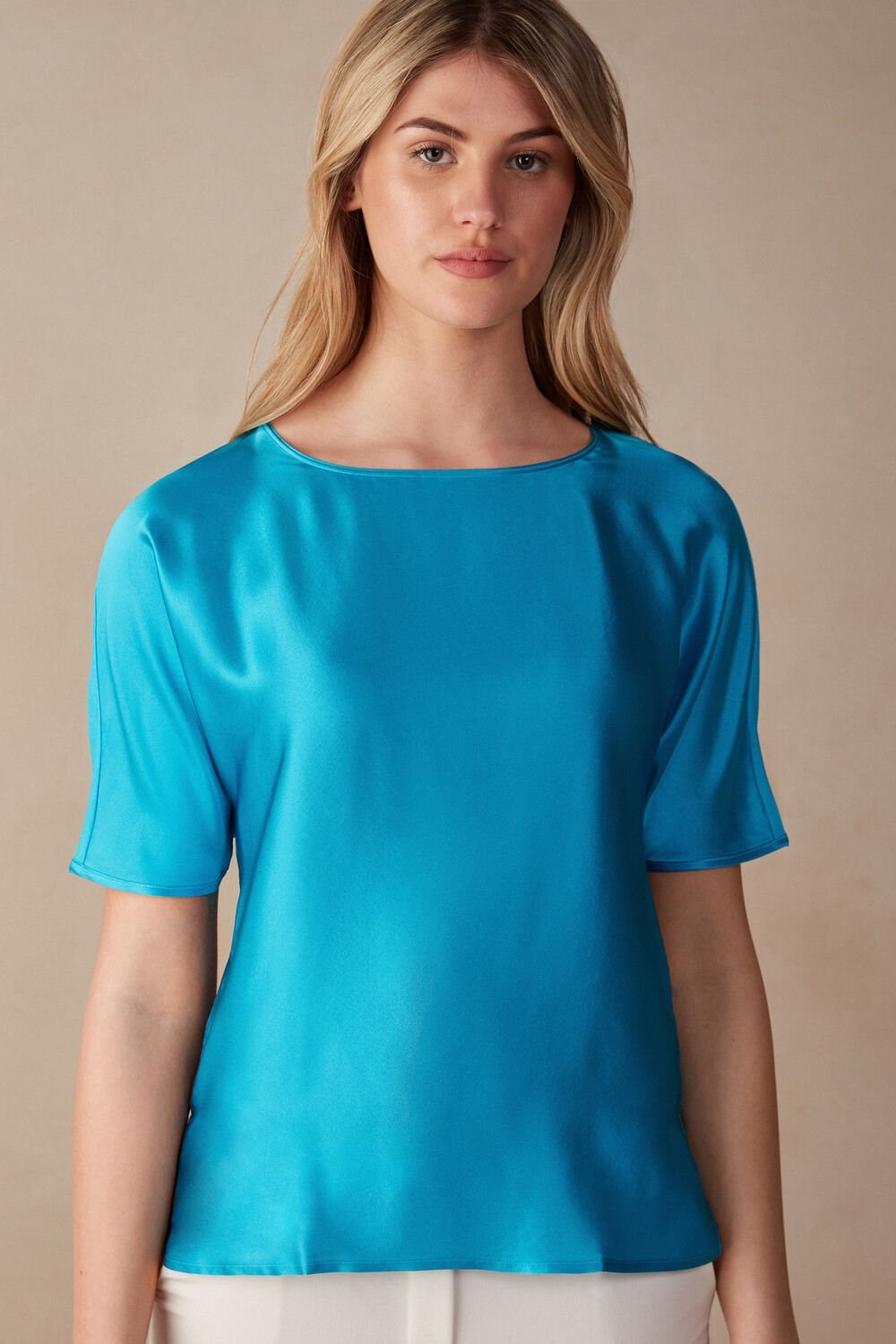 Intimissimi Short Sleeve Silk and Modal Top Blue - 210j - Digital Turquoise | 4263XAVGN