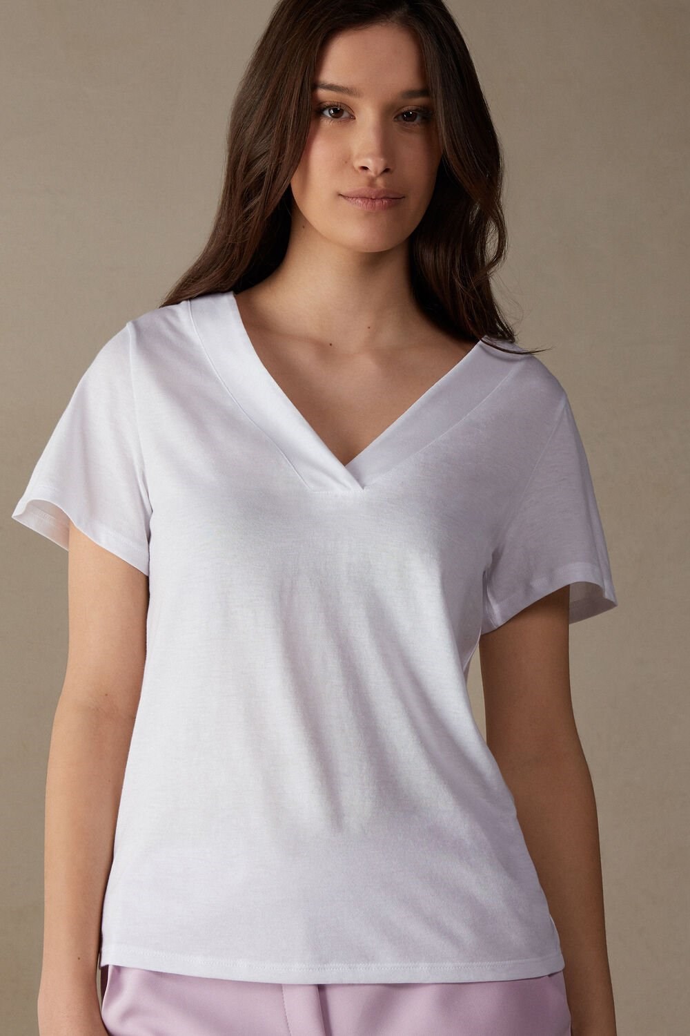 Intimissimi Short Sleeve V-neck Top in Supima® Ultrafresh Cotton White - 001 - White | 1043DHFOL