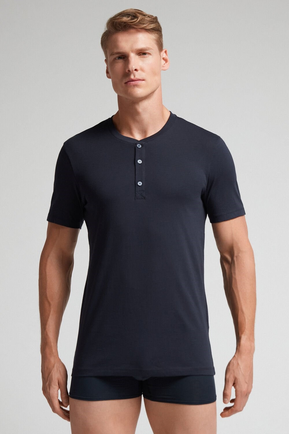 Intimissimi Short-Sleeved Supima® Cotton Shirt Blue - 800 - Midnight Blue | 2741BKJHC