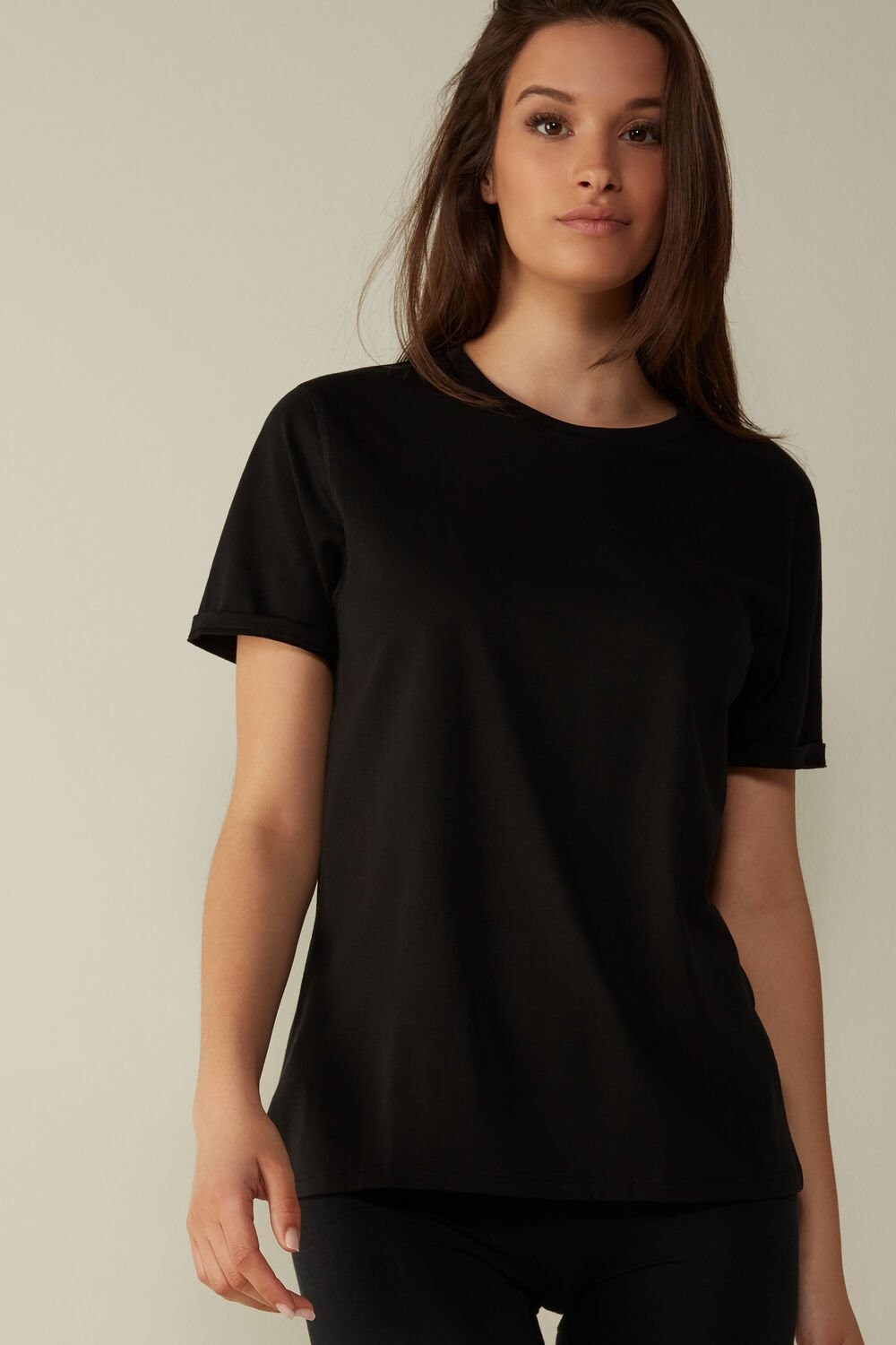 Intimissimi Short-Sleeved Supima® Cotton Top Black - 019 - Black | 4105IPUAS