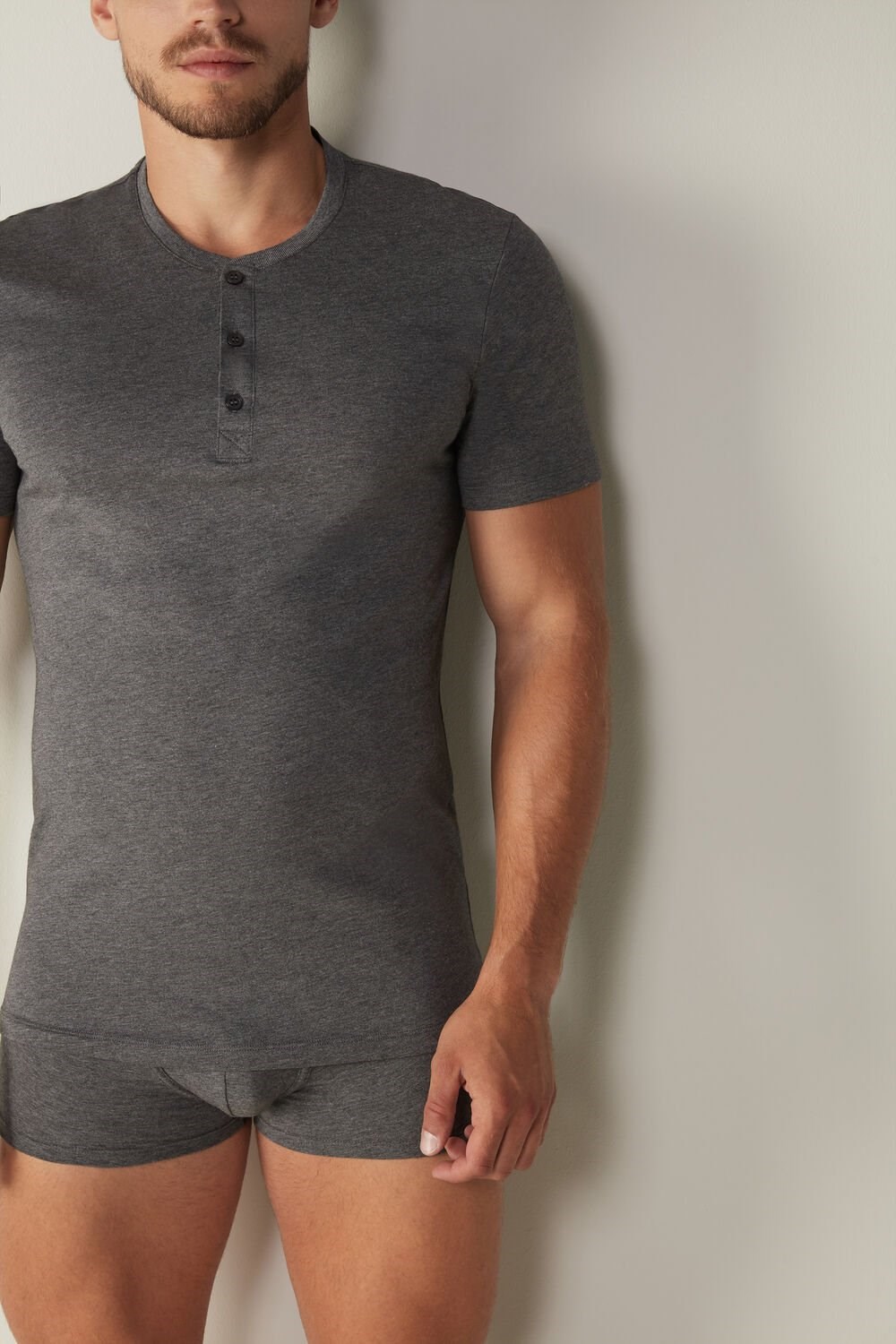 Intimissimi Short-Sleeved Supima® Cotton Shirt Dark Grey - 5227 - Heathered Graphite Grey | 4835LPTKF