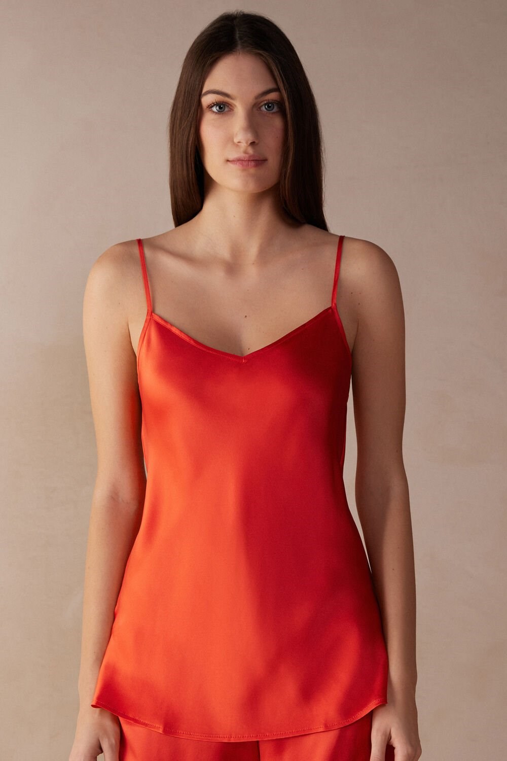 Intimissimi Silk Satin Top with V-neckline Orange - 219j - Flame Scarlet | 9187WYUXK