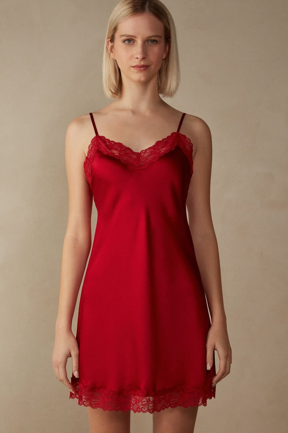 Intimissimi Silk Slip with Lace Insert Detail Red - 1473 - Red | 1023QCHZE