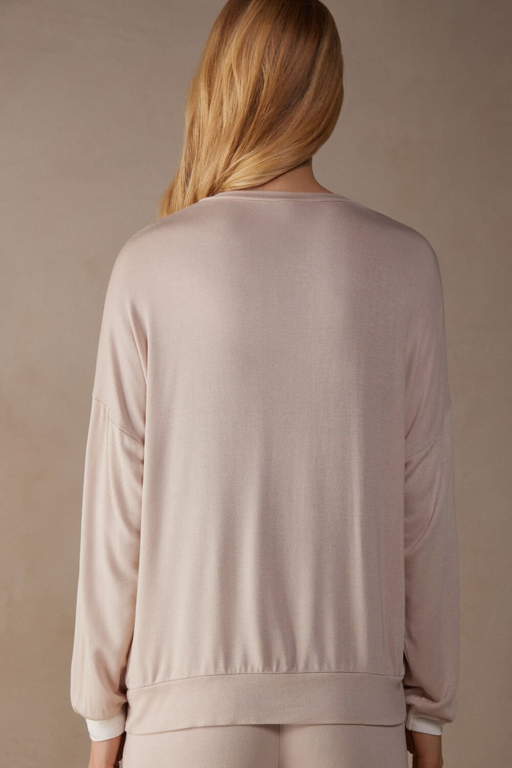 Intimissimi Simple Elegance Long Sleeve Top in Modal Pale Pink - 227j - Silk Pink / Talc White | 1650WKUNV