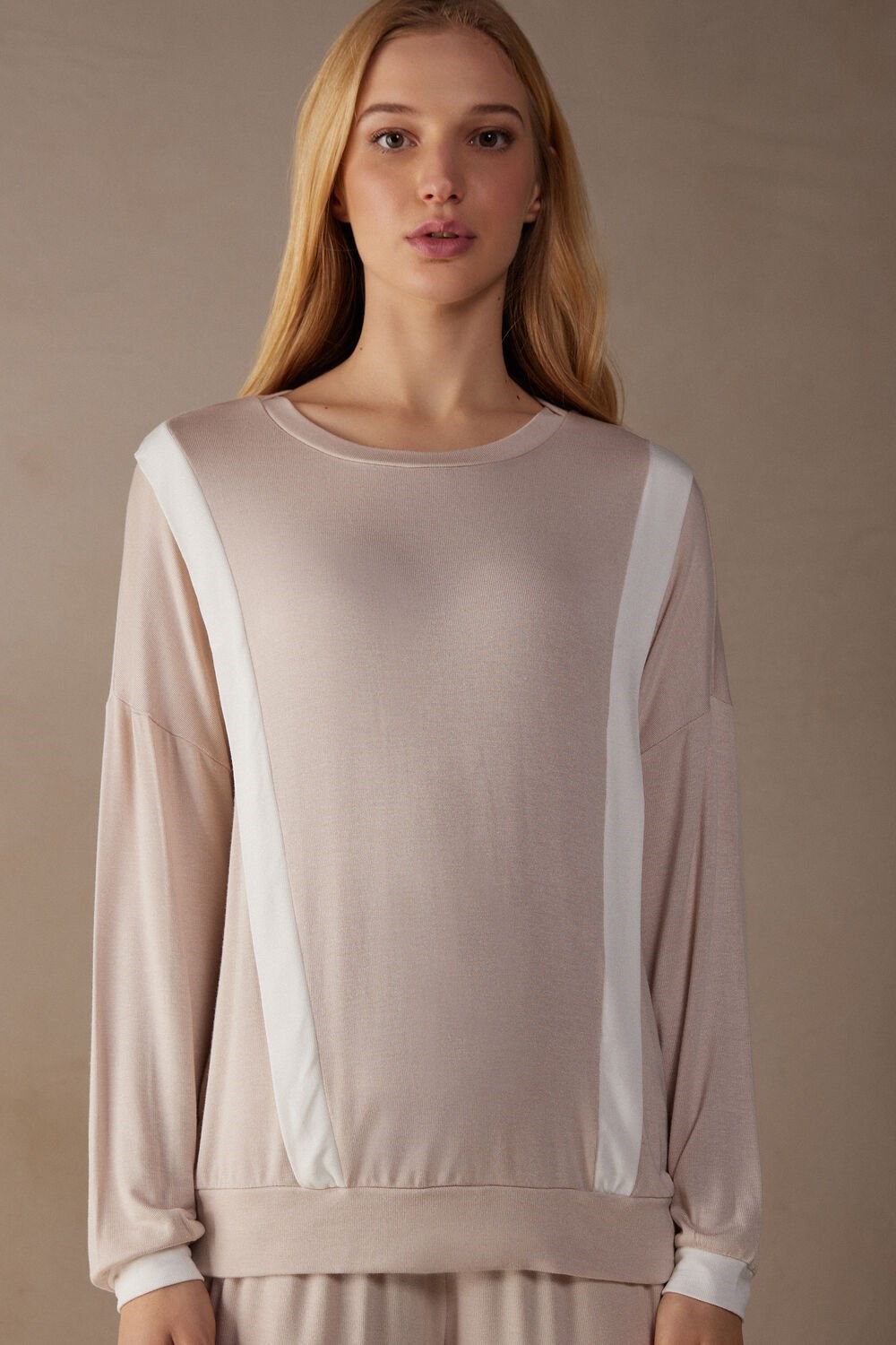 Intimissimi Simple Elegance Long Sleeve Top in Modal Pale Pink - 227j - Silk Pink / Talc White | 1650WKUNV