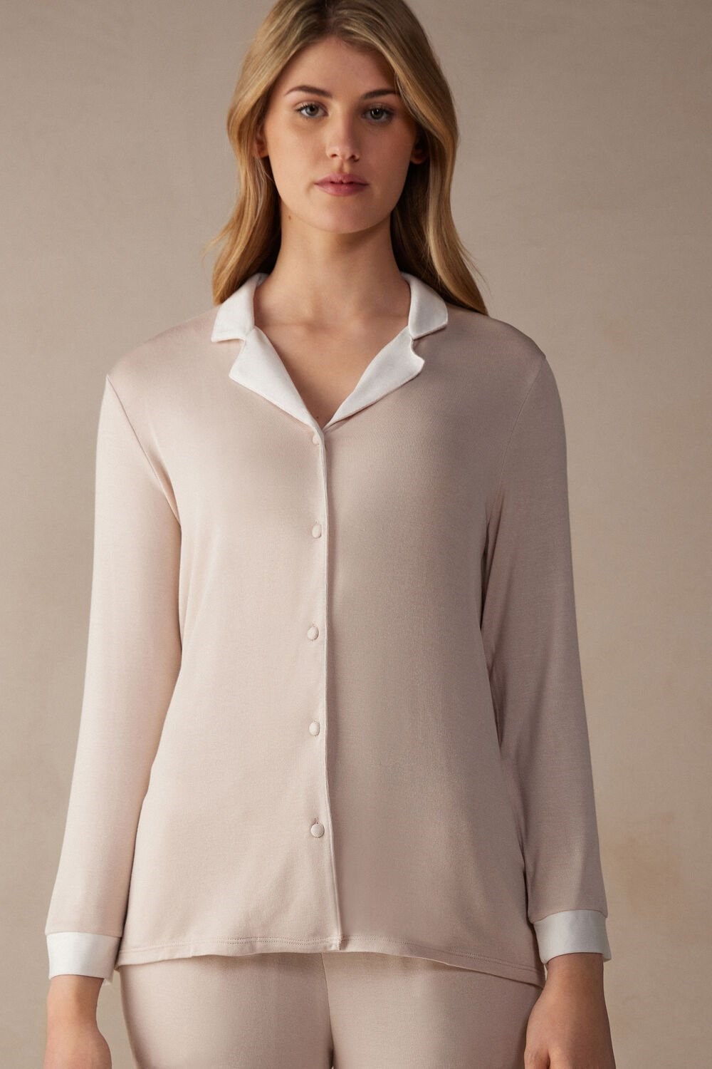 Intimissimi Simple Elegance Open Front Cardigan in Modal Pale Pink - 227j - Silk Pink / Talc White | 6249WVYFI