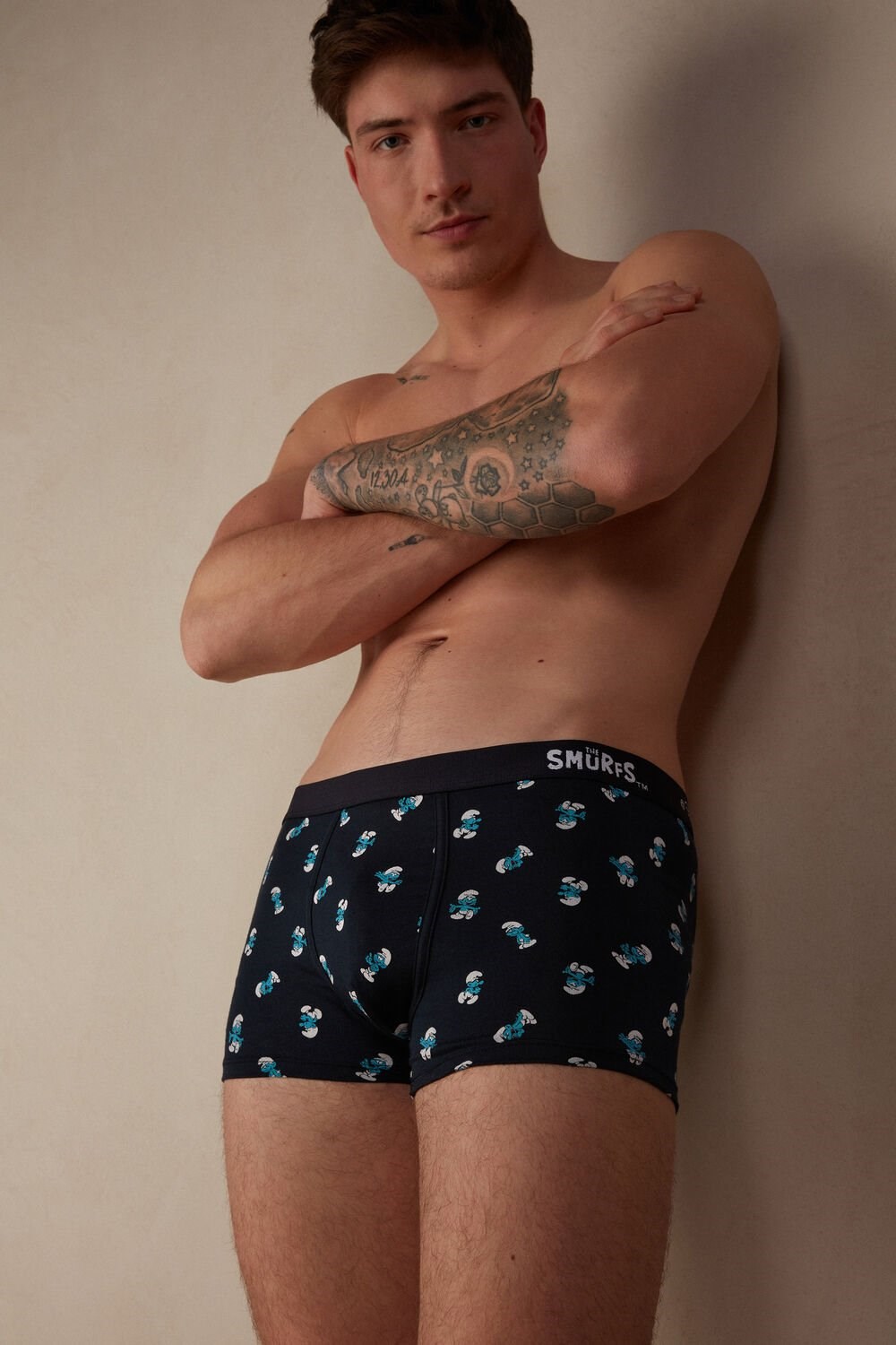 Intimissimi Smurf Boxers in Stretch Supima® Cotton Blue - 174j - Midnight Blue Smurfs Print | 1926DEOIX