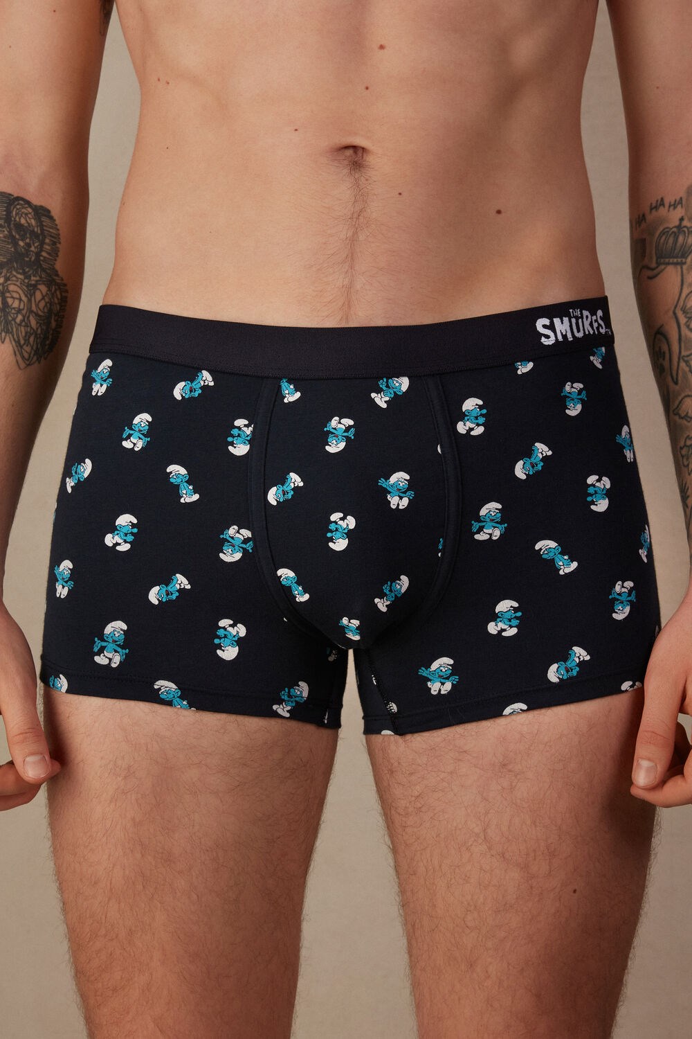 Intimissimi Smurf Boxers in Stretch Supima® Cotton Blue - 174j - Midnight Blue Smurfs Print | 1926DEOIX