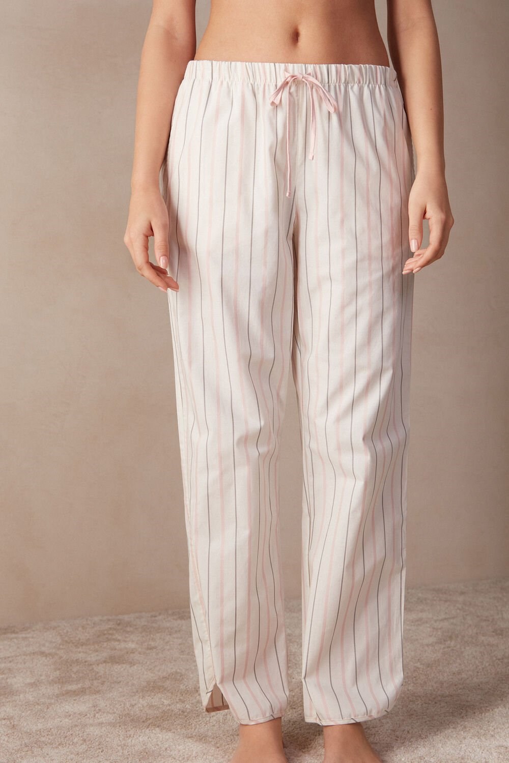 Intimissimi Soft Spring Full Length Cotton Cloth Pants White - 225j - Ecru Beige / Pink Stripe | 7068TSING