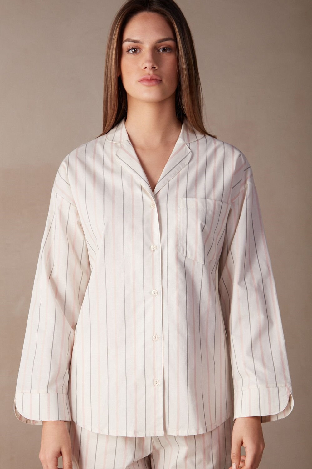 Intimissimi Soft Spring Long Sleeve Button-Up Shirt White - 225j - Ecru Beige / Pink Stripe | 5268ABFQI