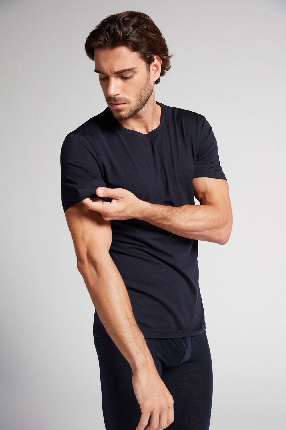 Intimissimi Stretch Merino Wool Short-Sleeve T-Shirt Blue - 800 - Midnight Blue | 6208VYJAS