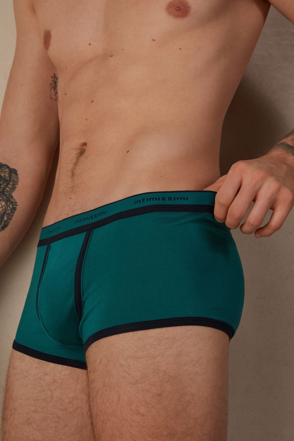 Intimissimi Stretch Supima® Cotton Boxer Shorts with Logo Detail Green - 203j - Teal Green / Midnight Blue | 9052VSMZI