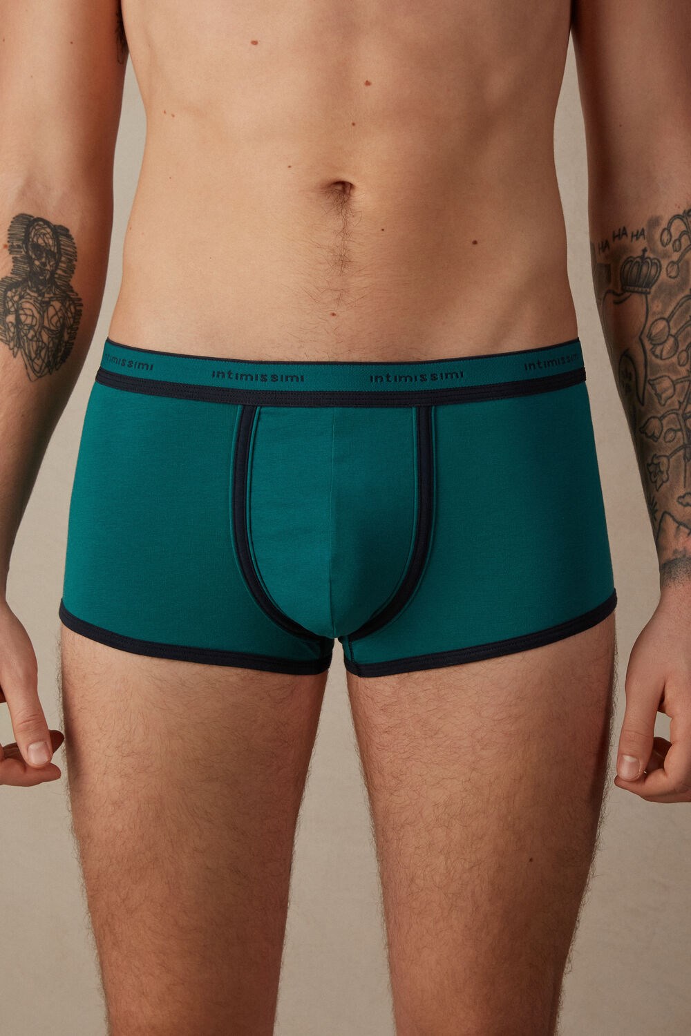 Intimissimi Stretch Supima® Cotton Boxer Shorts with Logo Detail Green - 203j - Teal Green / Midnight Blue | 9052VSMZI