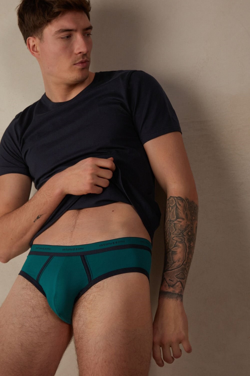 Intimissimi Stretch Supima® Cotton Brief with Logo Detail Green - 203j - Teal Green / Midnight Blue | 5092HJRCK