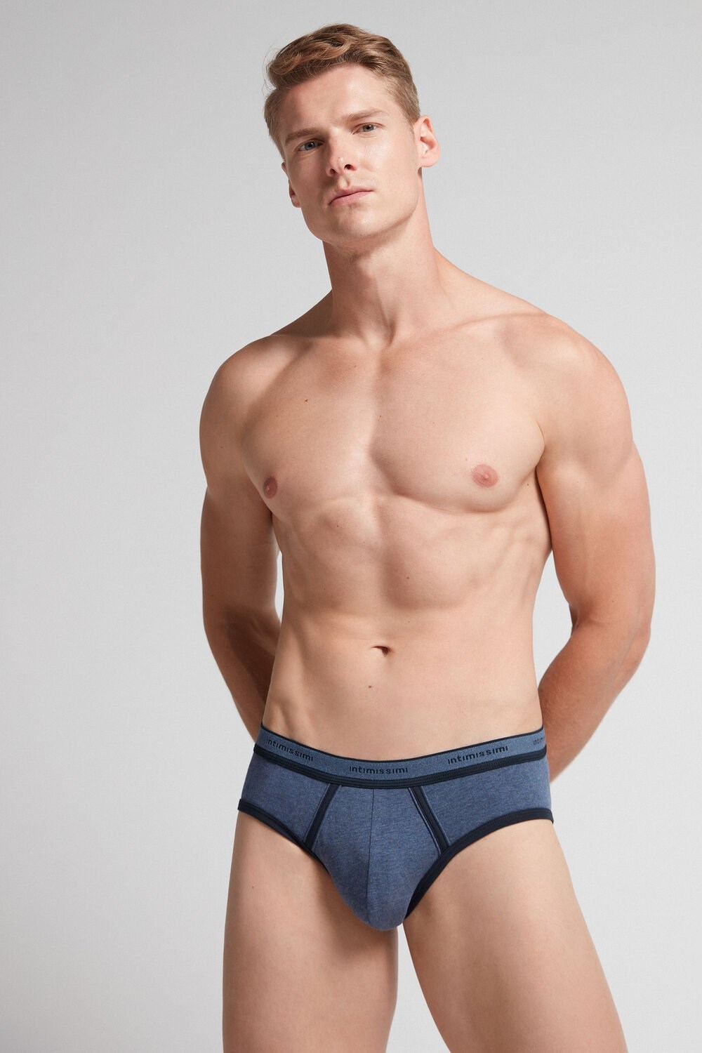 Intimissimi Stretch Supima® Cotton Brief with Logo Detail Blue - 845i - Heathered Denim Blue / Midnight Blue | 5142APQXY