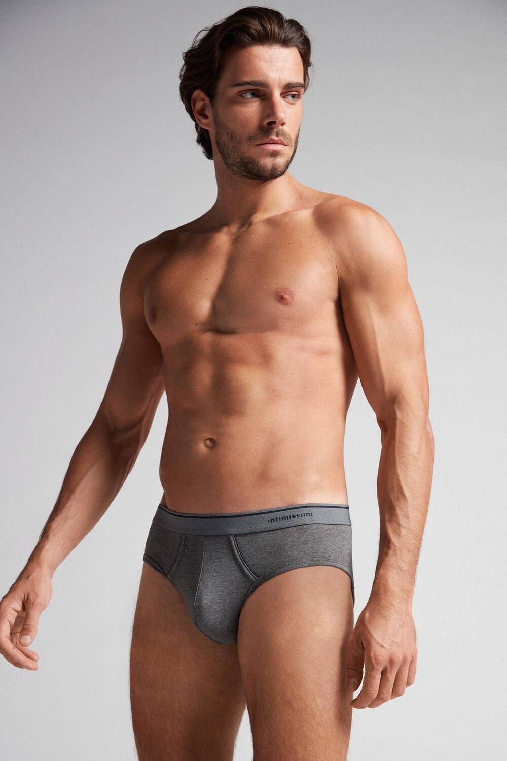 Intimissimi Supima Cotton Briefs with Visible Elastic Dark Grey - 080i - Heathered Graphite Grey / Blue | 2648CINPR