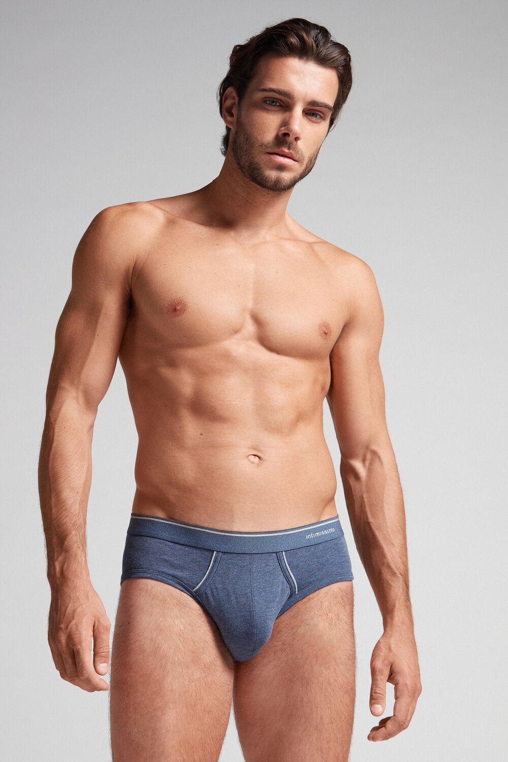 Intimissimi Supima Cotton Briefs with Visible Elastic Blue - 081i - Denim Blue Blend / Light Grey Blend | 6079LSRDC