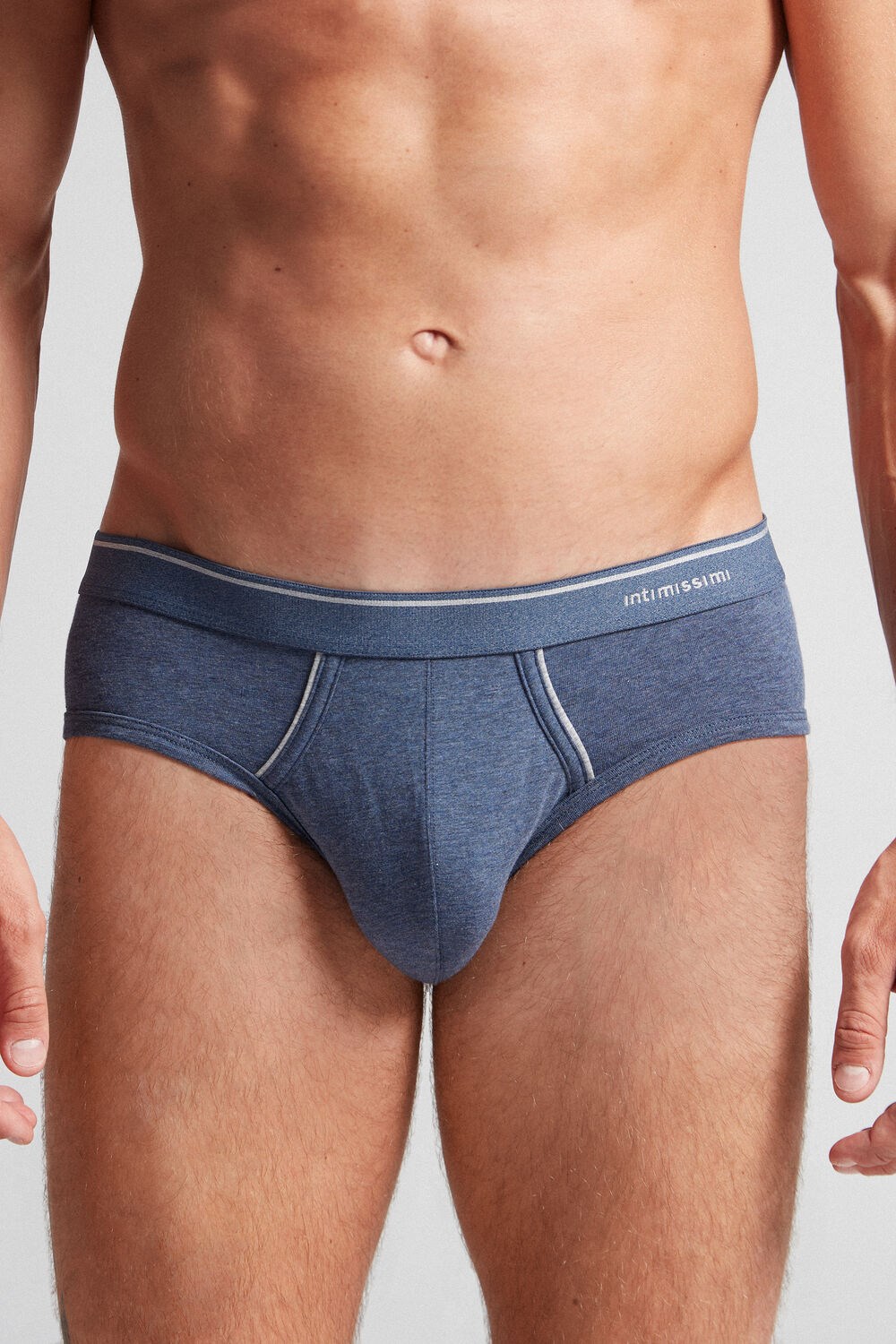 Intimissimi Supima Cotton Briefs with Visible Elastic Blue - 081i - Denim Blue Blend / Light Grey Blend | 6079LSRDC