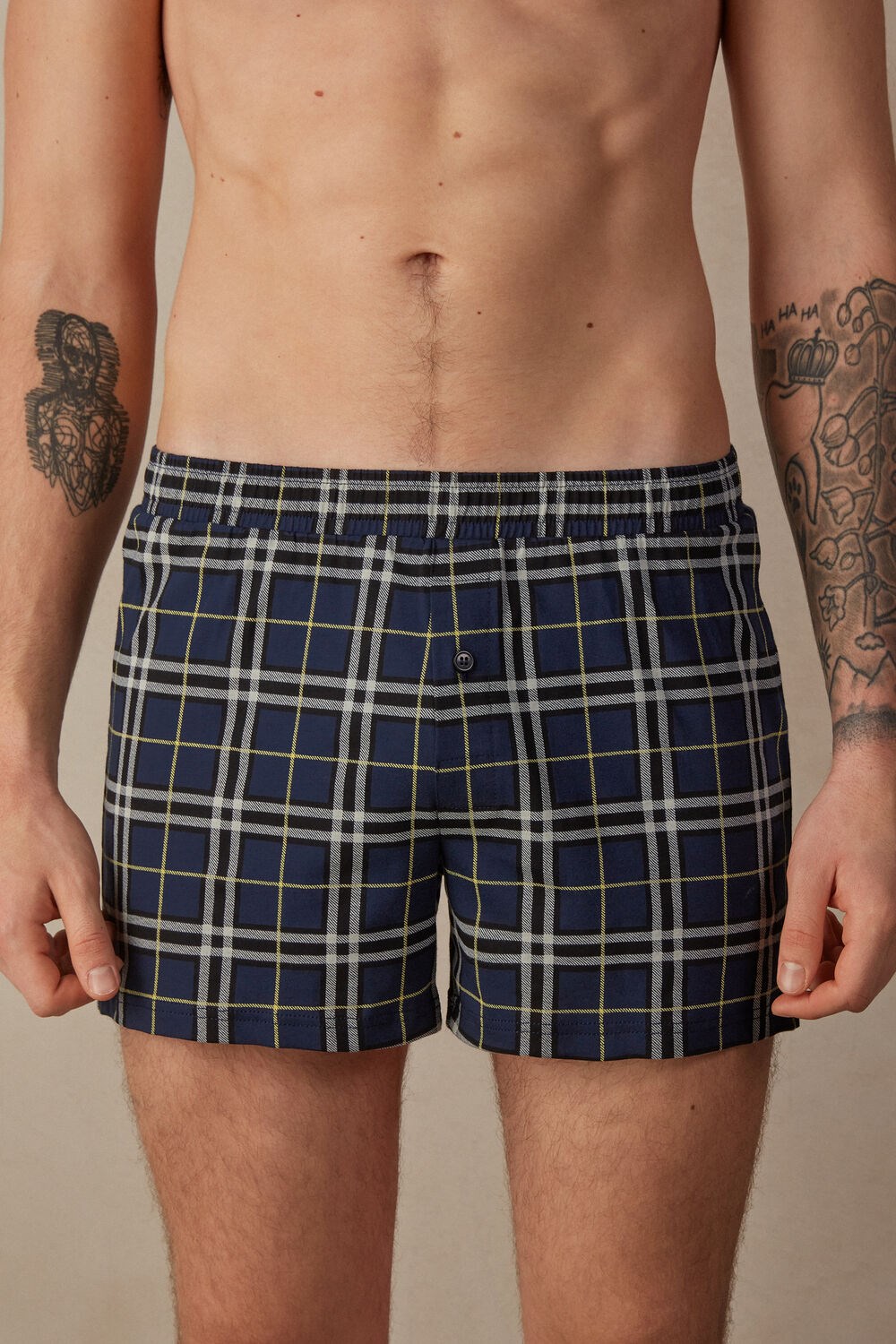 Intimissimi Tartan Patterned Cotton Jersey Relaxed Fit Boxers Blue - 171j - Blue / Yellow Tartan Print | 0483HCLRG