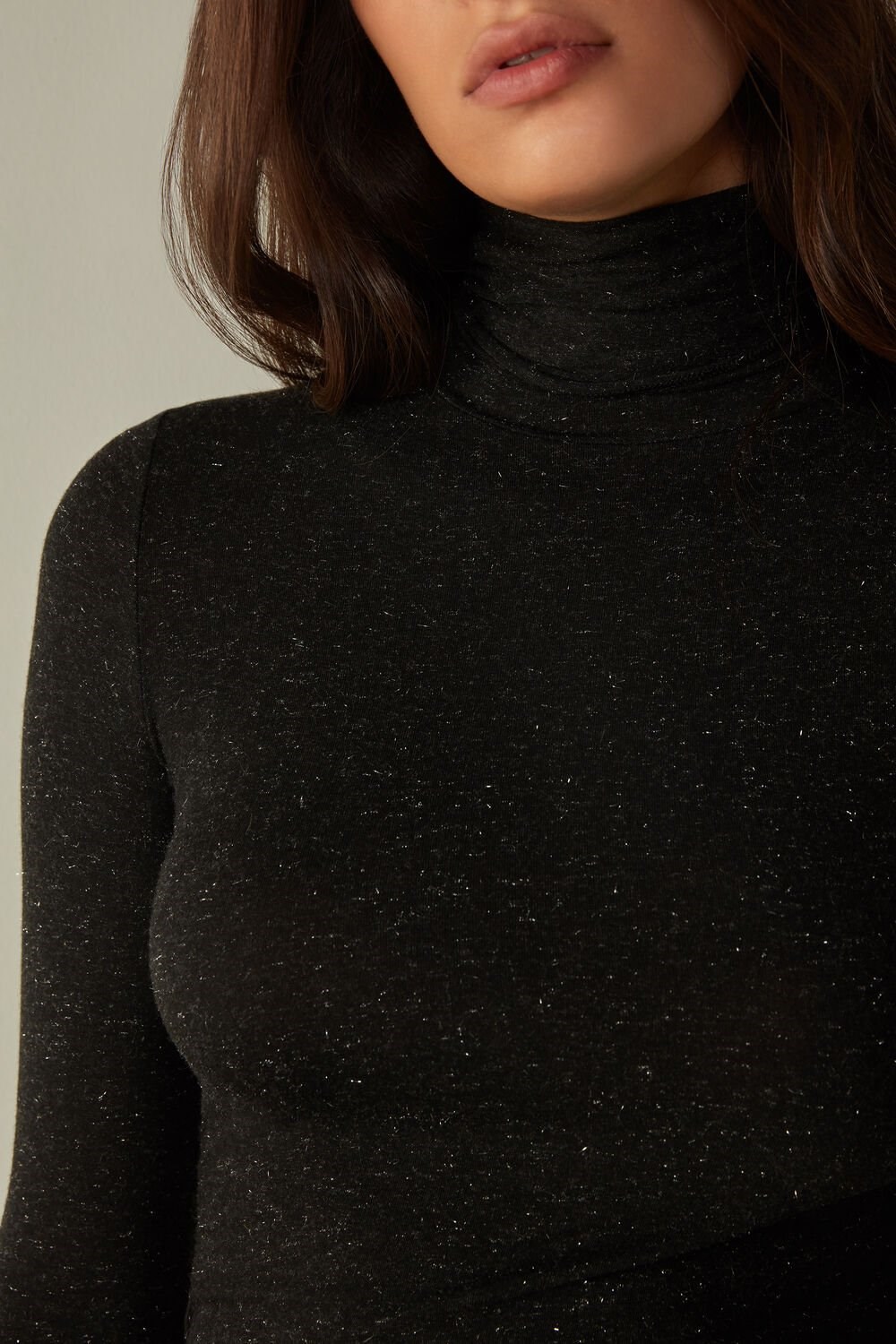 Intimissimi Turtleneck Top in Modal Light with Cashmere Lamé Black - 5079 - Black Lamé | 1629OTDFR