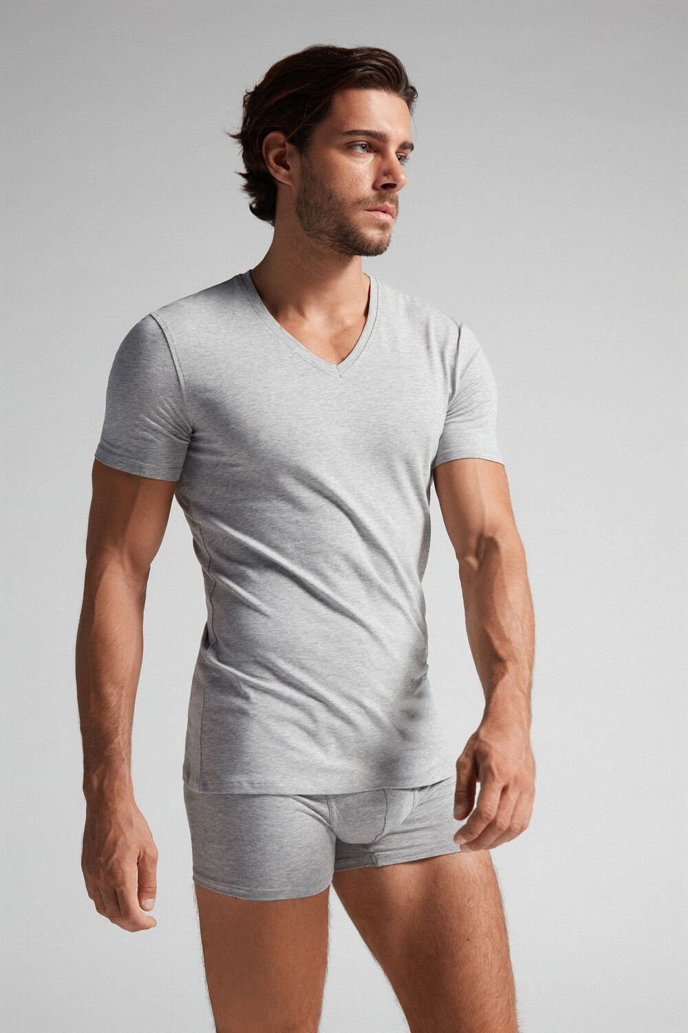 Intimissimi V-neck T-shirt in Stretch Supima® Cotton Grey - 031 - Light Heathered Grey | 7293MLKSZ