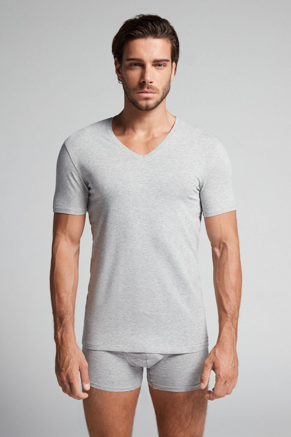 Intimissimi V-neck T-shirt in Stretch Supima® Cotton Grey - 031 - Light Heathered Grey | 7293MLKSZ