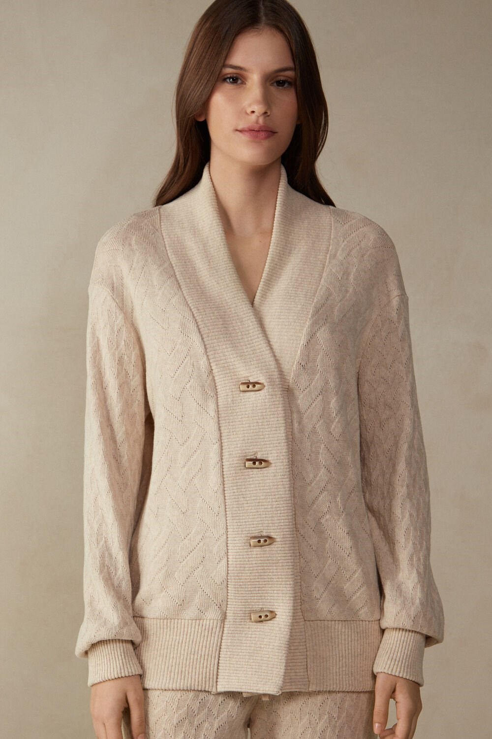 Intimissimi Winter Braid Long Sleeve Jacquard Cardigan Natural - 2106 - Beige Blend | 5403AOLUS