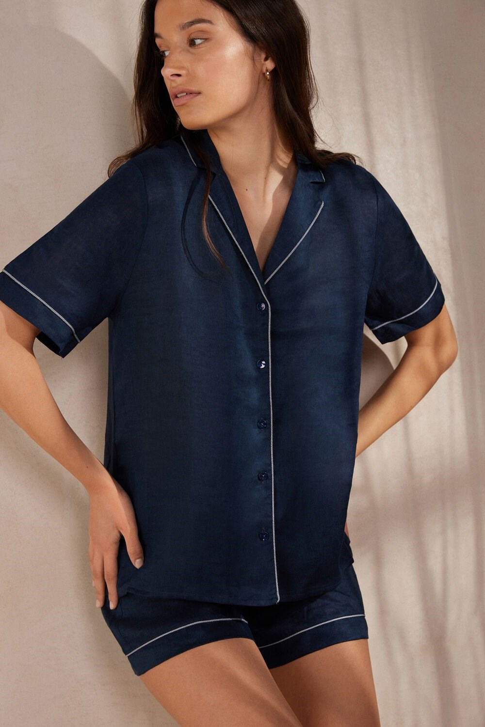 Intimissimi Yacht Night Linen Short Sleeve Shirt Blue - 243j - Sailor Blue | 9467TWYJI